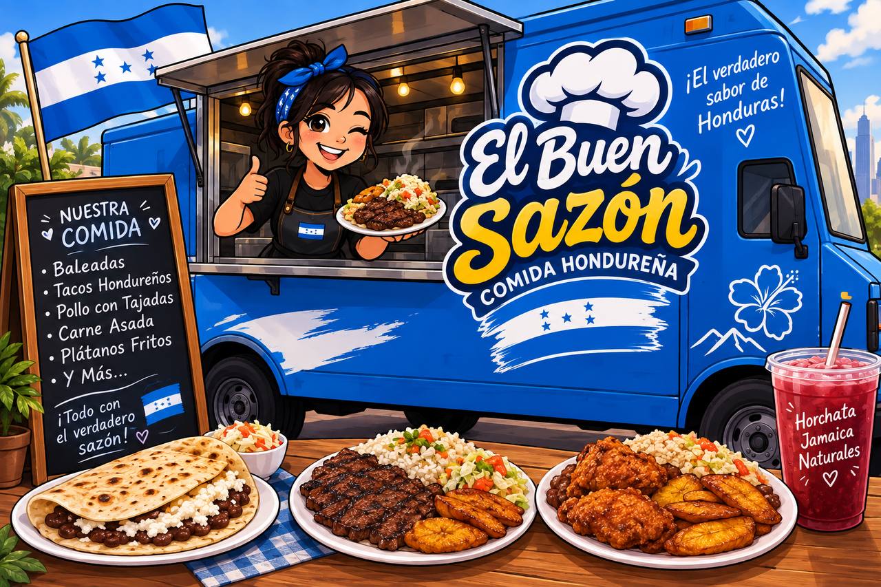 El Buen Sazón 504 brand art — Honduran flag, food truck, and menu highlights